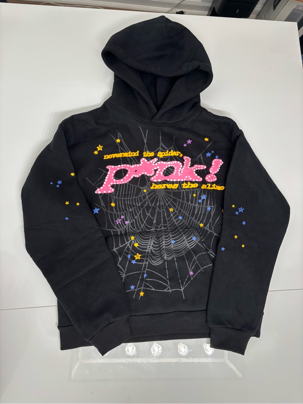 Black Hooded Pullover with Pink Graphic sp5der